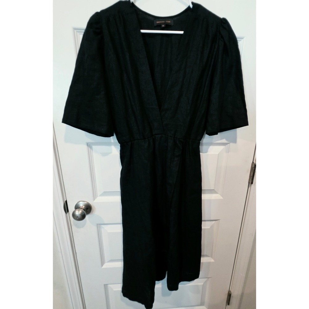 Undress Code Midi Dress Womens XS Black Cotton V-Neck Puff Sleeve Coastal Chic